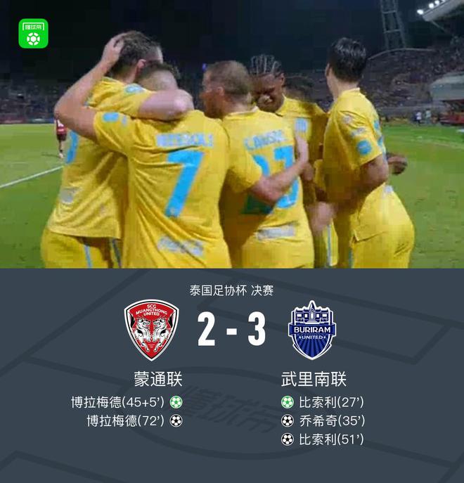 武里南聯(lián)3-2蒙通聯(lián)奪泰國(guó)杯冠軍，成都亞冠精英附加賽將戰(zhàn)曼谷聯(lián)