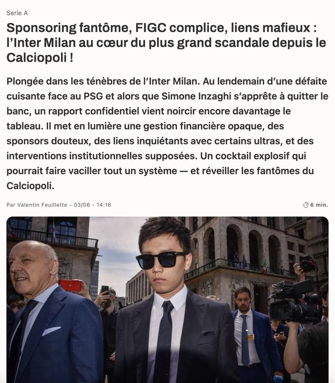 法媒：一份报告指出，国米的经济现状已满足破产清算、被逐出意甲的条件