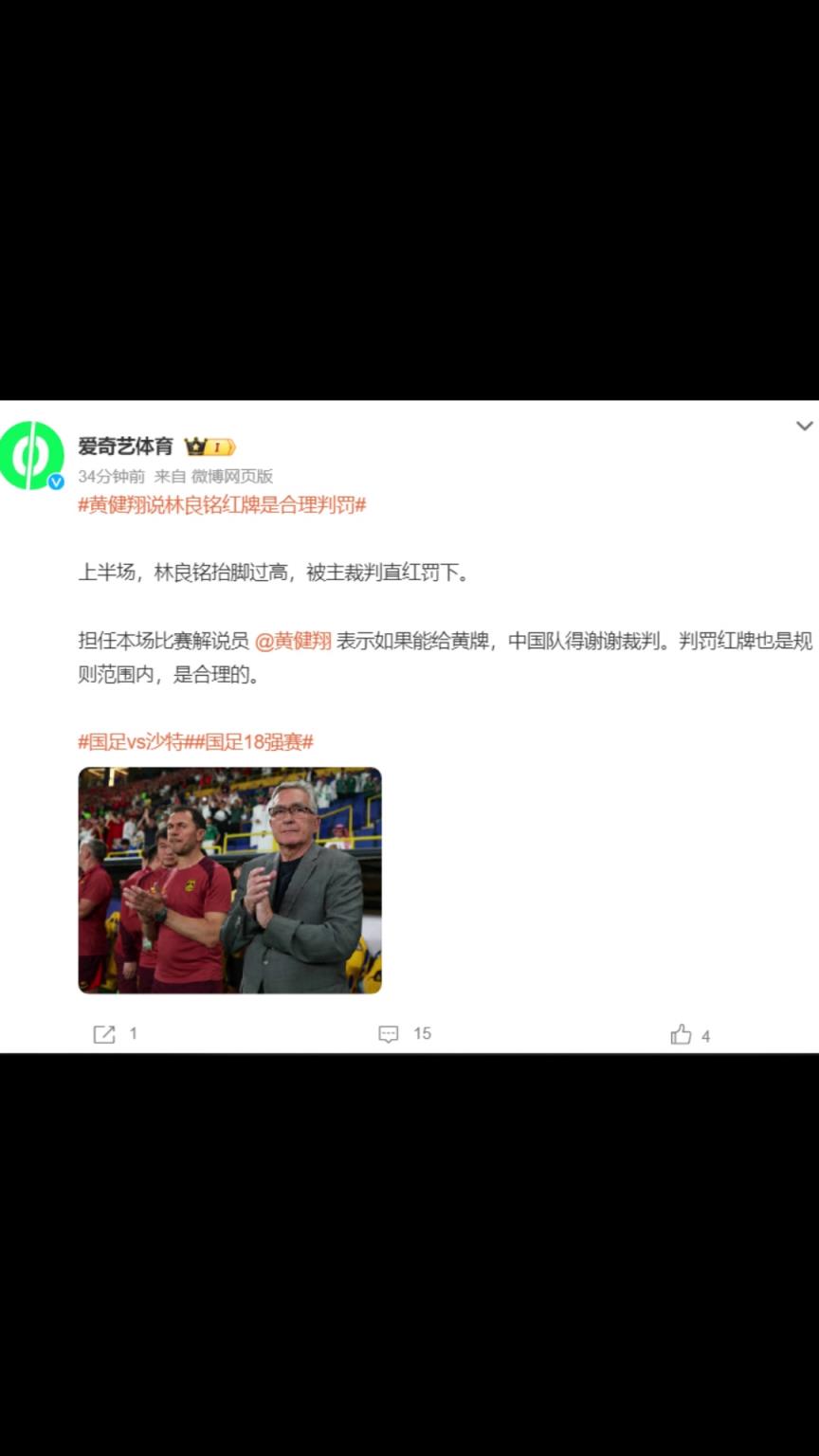 黄健翔：如果能给黄牌，中国队得谢谢裁判。判罚红牌也是合理的