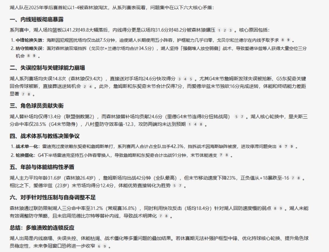 Deepseek分析湖人淘汰原因：内线、年龄等多维溃败连锁反应
