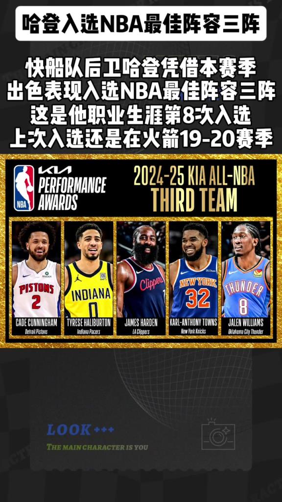 离开火箭首次！哈登入选最佳阵容三阵 职业生涯第八次进最佳阵