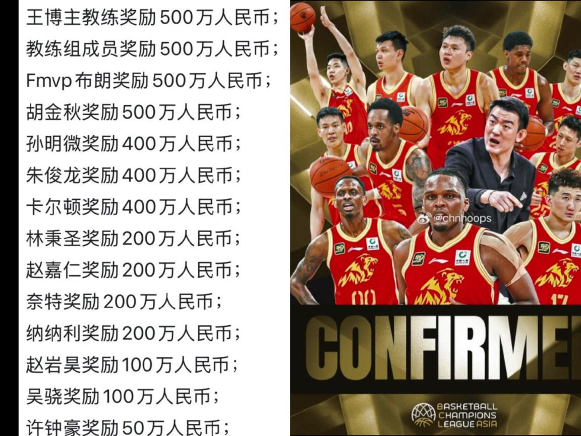 广厦夺冠的队内奖金：布朗、王博、大秋500万，孙朱各四百万
