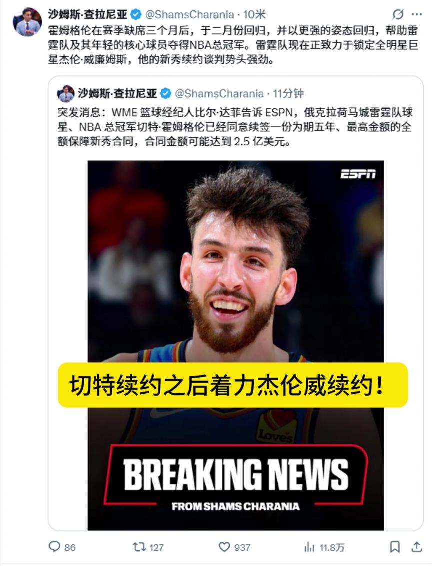 薪資空間爆炸？SHAMS：雷霆續(xù)約切特之后將致力于續(xù)約杰倫威