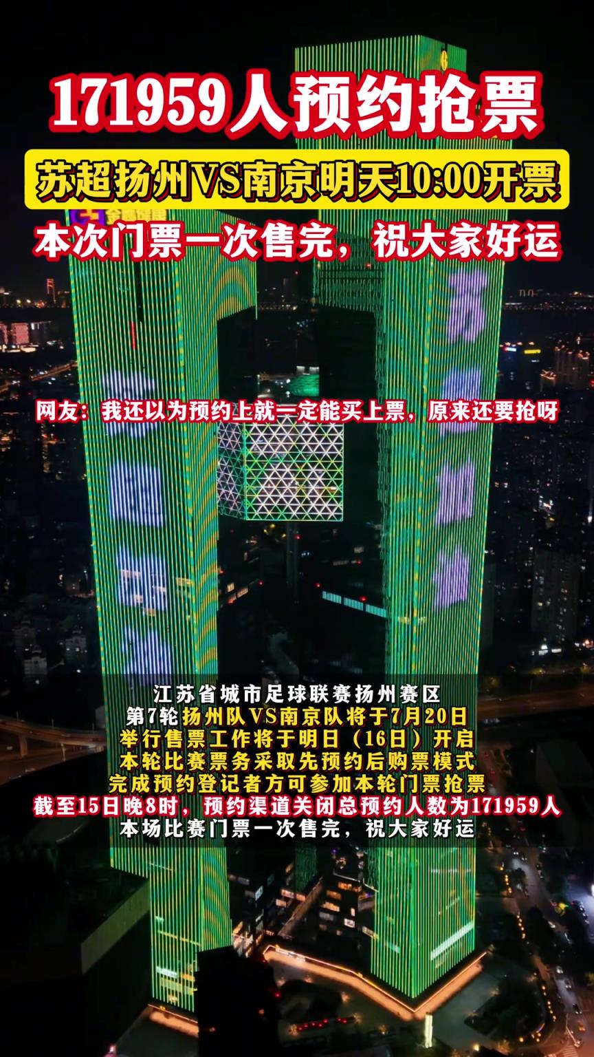 越來越火爆了！蘇超揚州VS南京共有171959人預約搶票