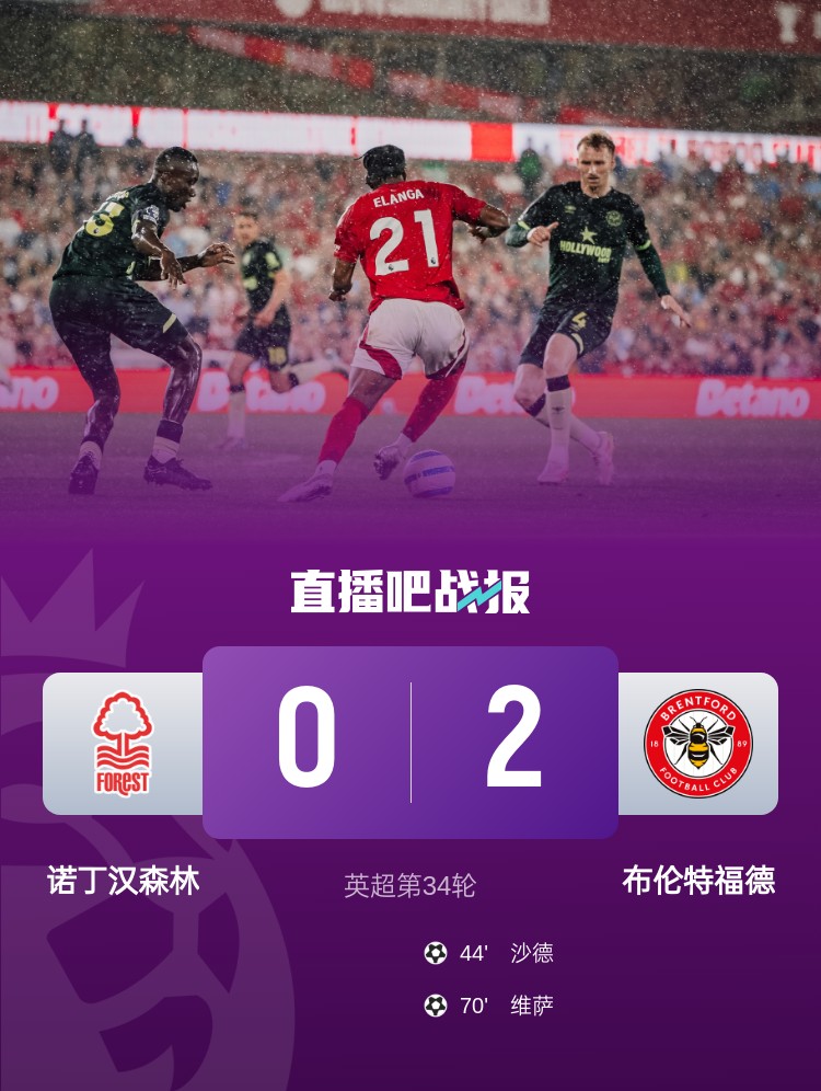 仍居第6+距前四1分！森林0-2布伦特福德4轮遭3负 沙德&维萨破门