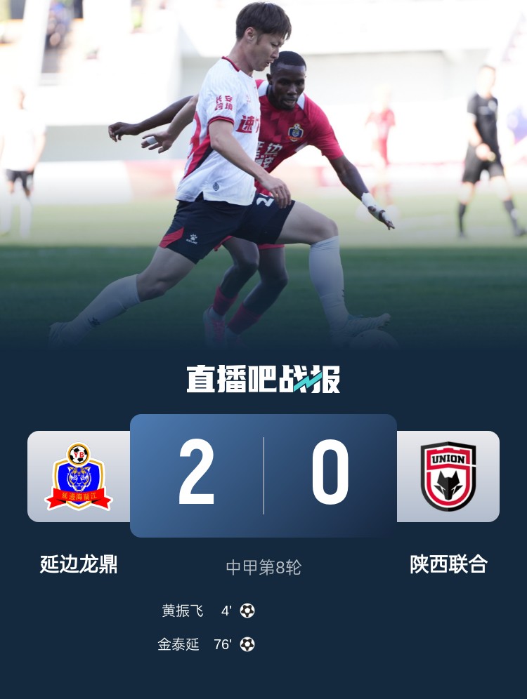 6轮5负！陕西联合0-2延边龙鼎居倒数第4+与降级区同分 金泰延破门